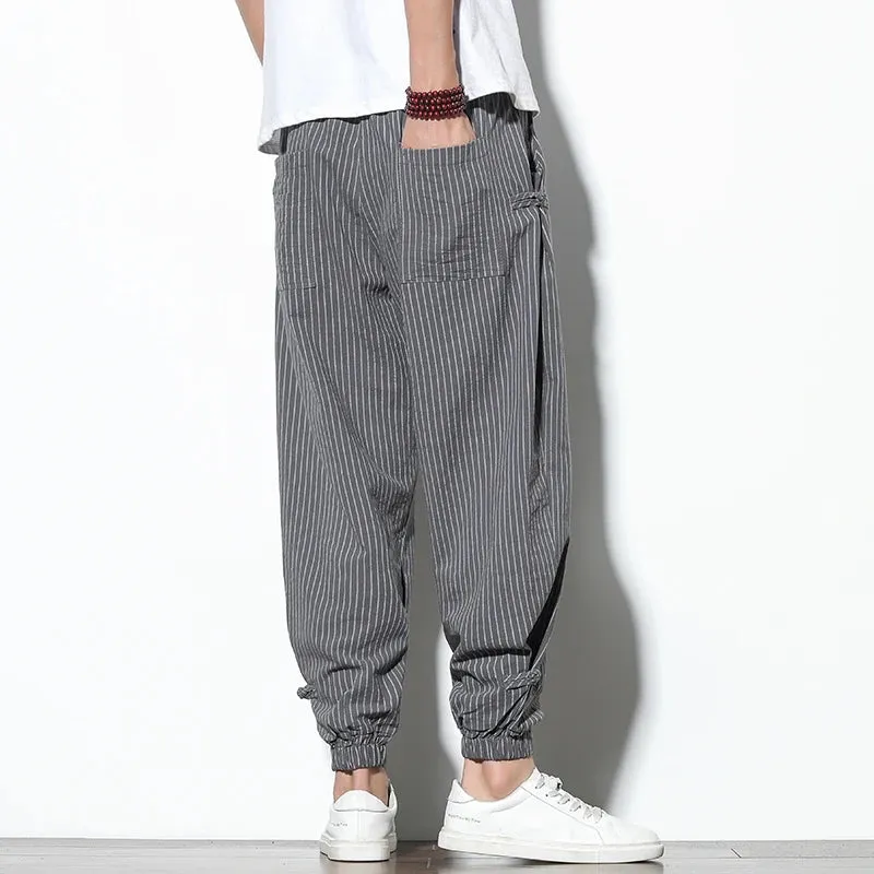 Men's Striped Cotton-Linen Harem Pants