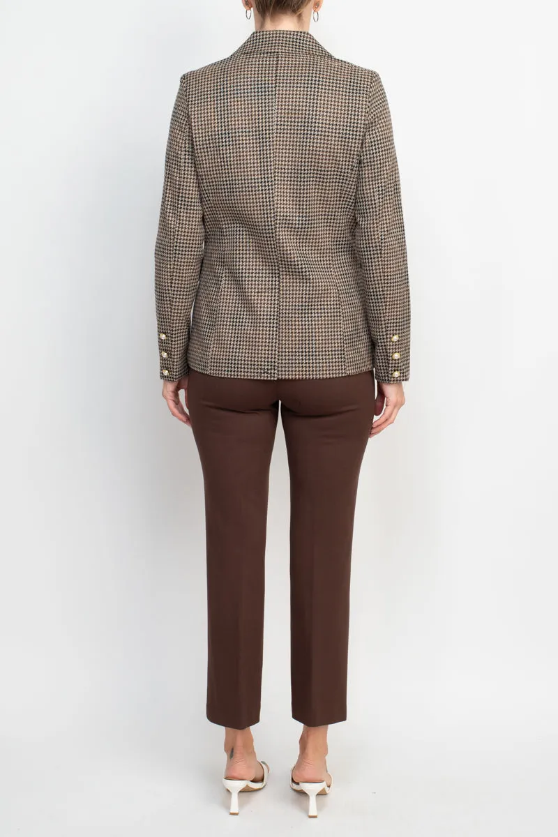 Nanette Lepore notched collar long sleeve houndstooth woven jacket with mid waist straight ponte pant