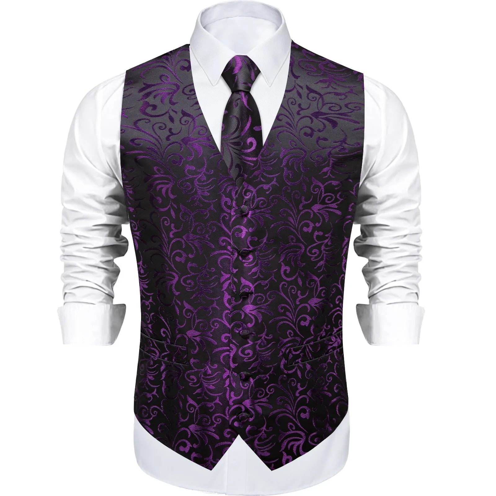 Purple Black Floral Jacquard Luxury Men's Vest Tie Hanky Cufflinks Set For Suit Or Tuxedo