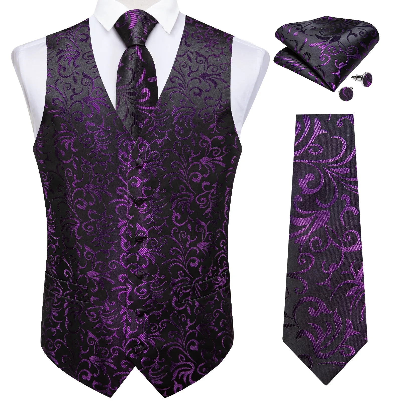 Purple Black Floral Jacquard Luxury Men's Vest Tie Hanky Cufflinks Set For Suit Or Tuxedo