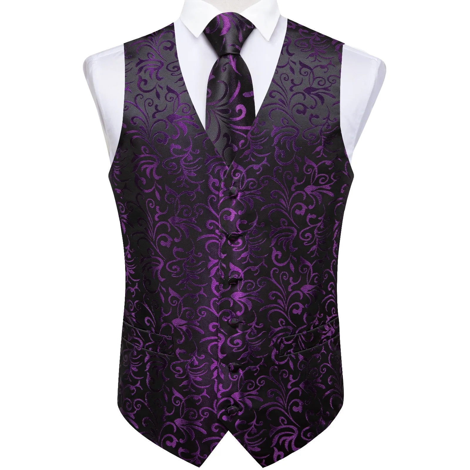 Purple Black Floral Jacquard Luxury Men's Vest Tie Hanky Cufflinks Set For Suit Or Tuxedo