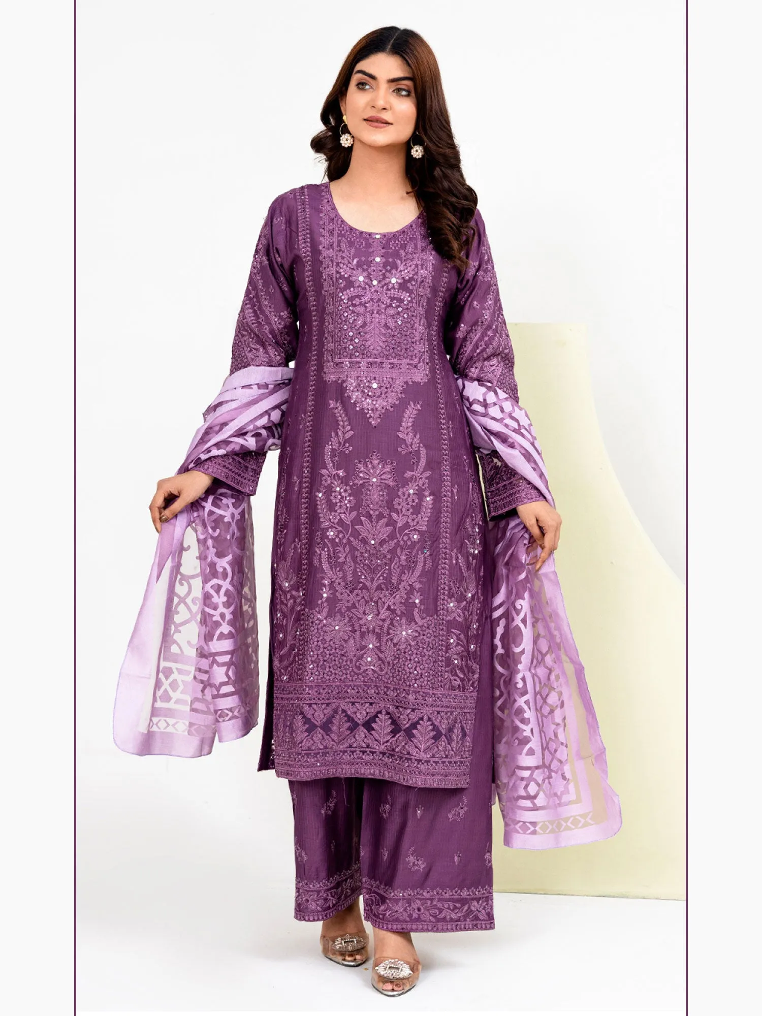 Rangz Fancy Embroidered Viscose Suit - Purple