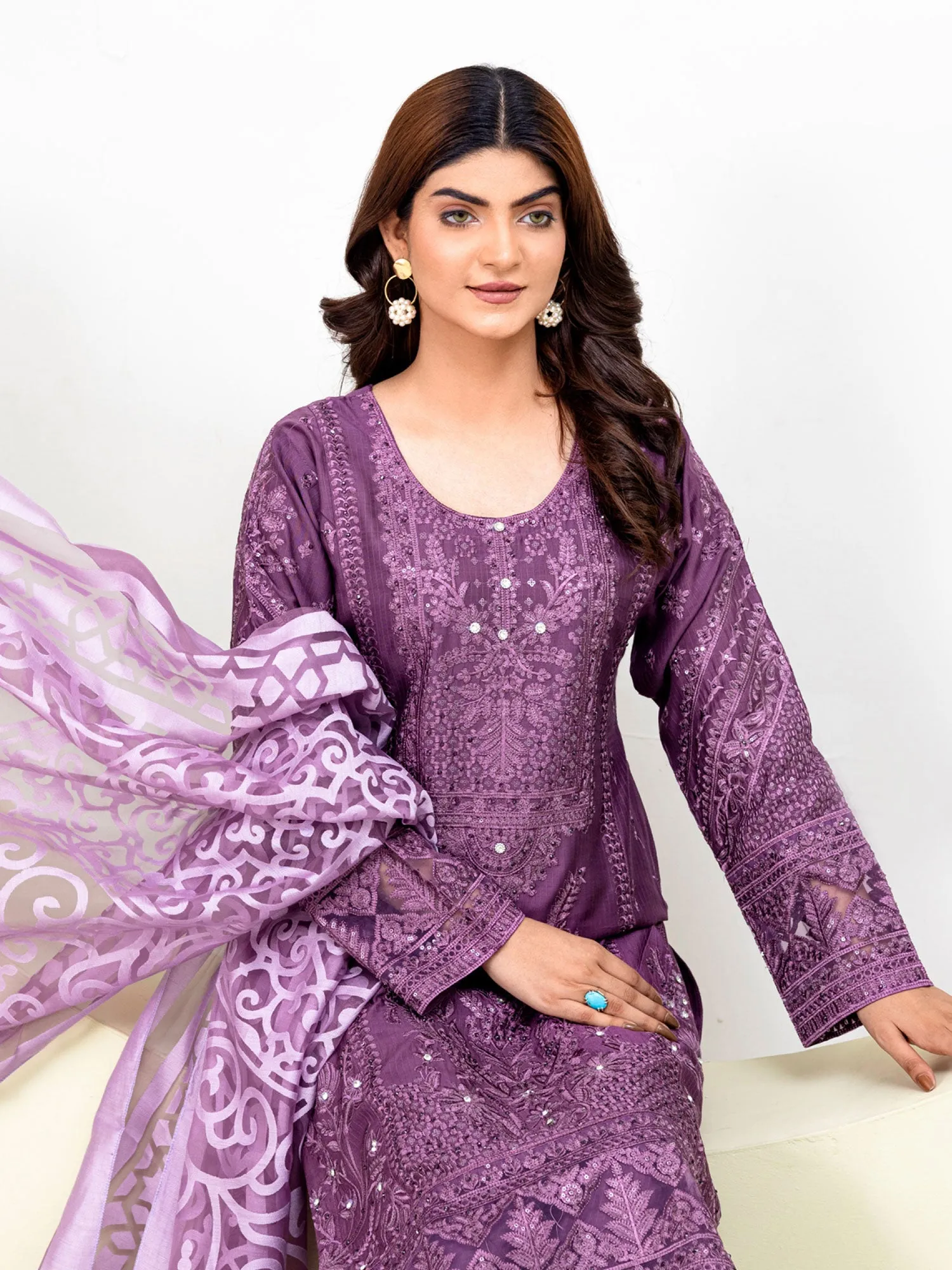 Rangz Fancy Embroidered Viscose Suit - Purple