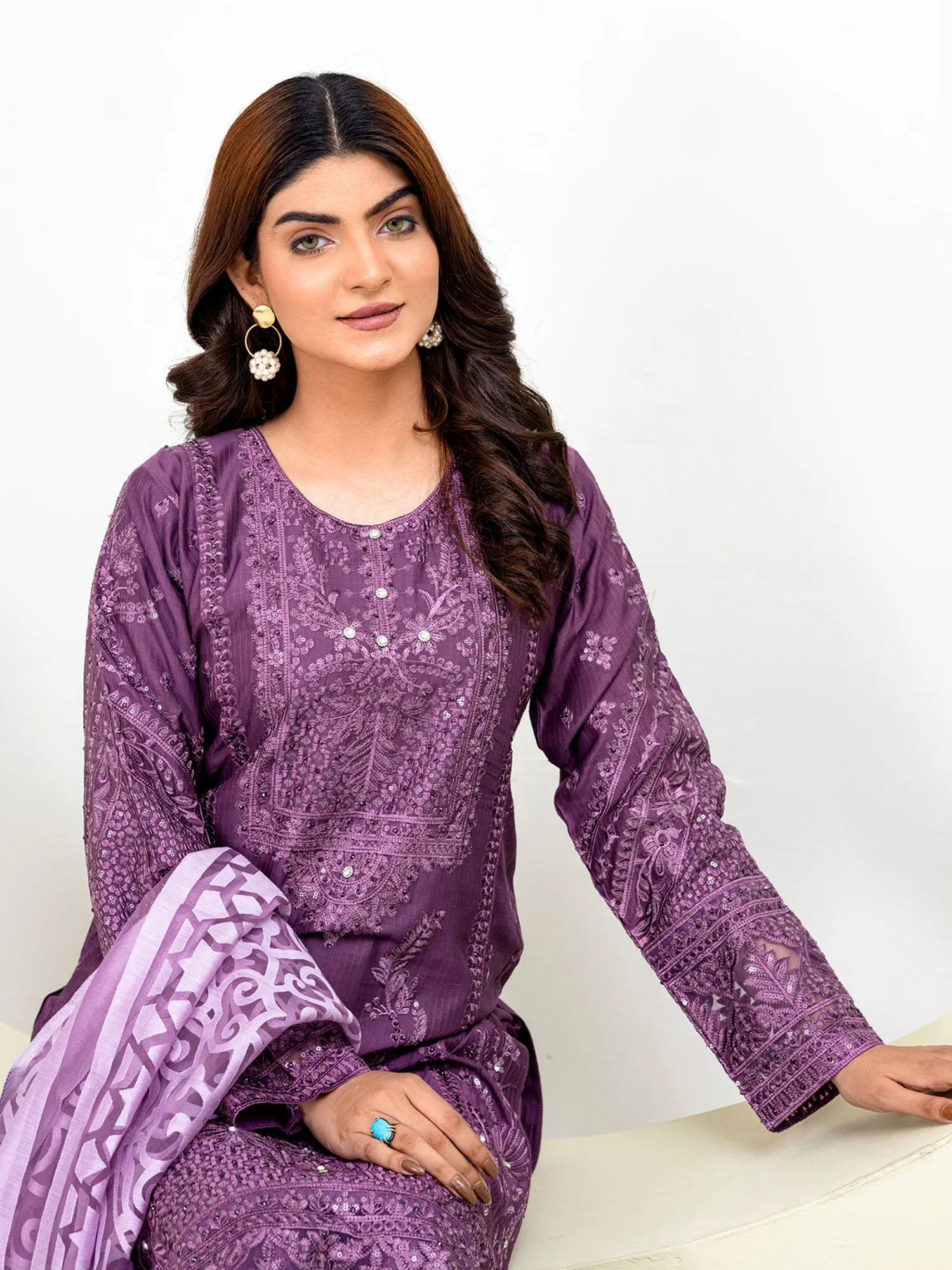 Rangz Fancy Embroidered Viscose Suit - Purple