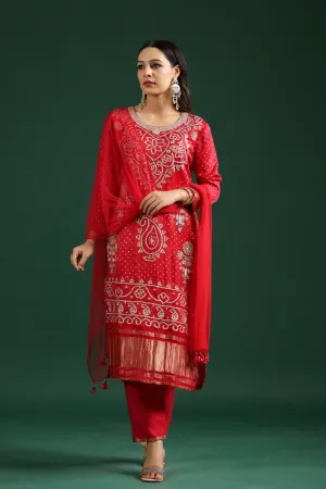 Red Bandhej Gajji Silk Kurta Set