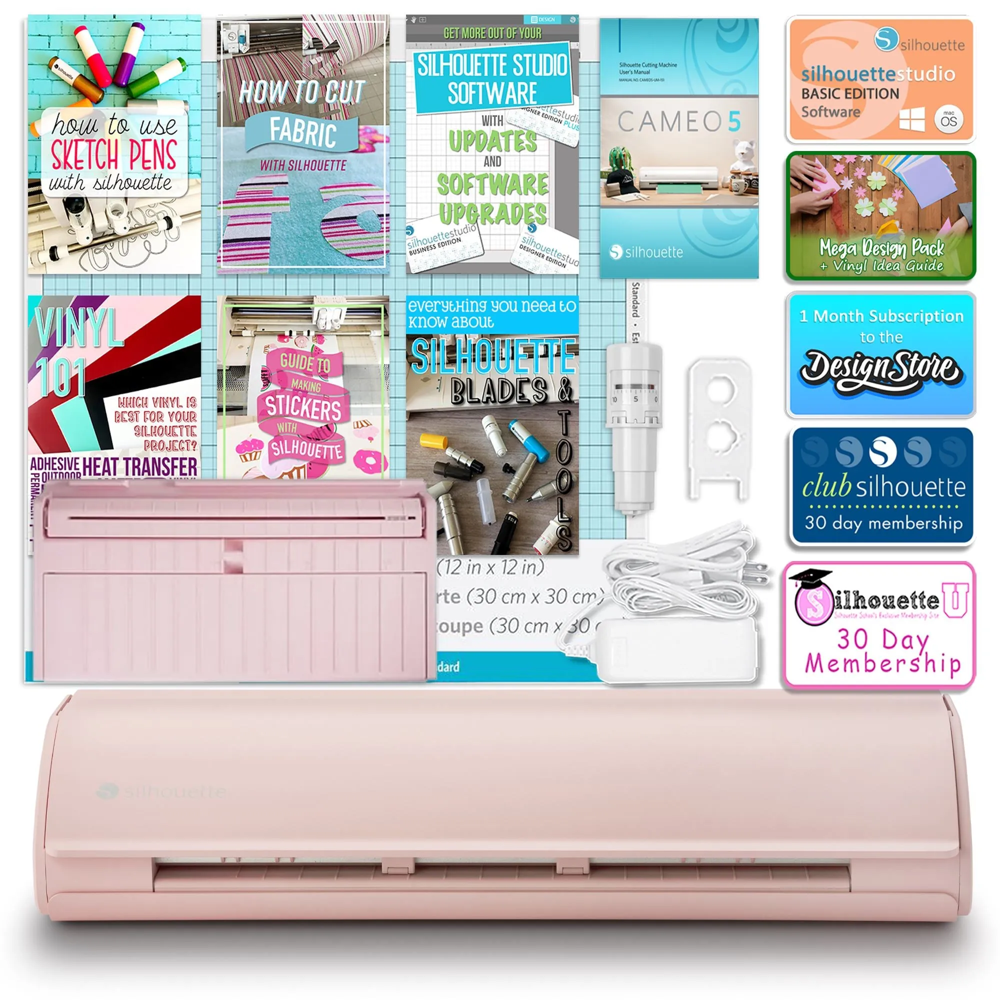 Silhouette Pink Cameo 5 w/ 64 Oracal Vinyl Sheets, Blades, Tools, Guides