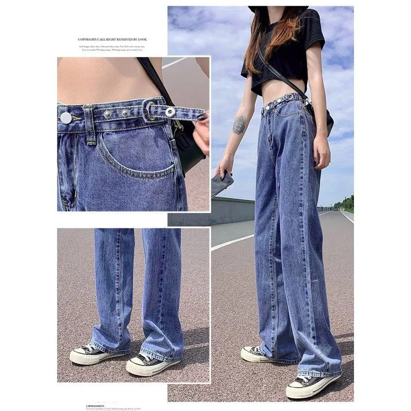 Slimming Thin High-Waisted Floor-Length Loose Fit Draping Straight Wide-Leg Jeans