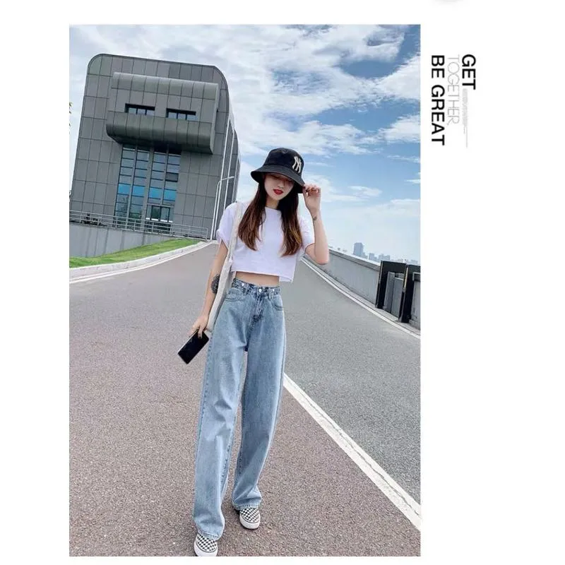 Slimming Thin High-Waisted Floor-Length Loose Fit Draping Straight Wide-Leg Jeans