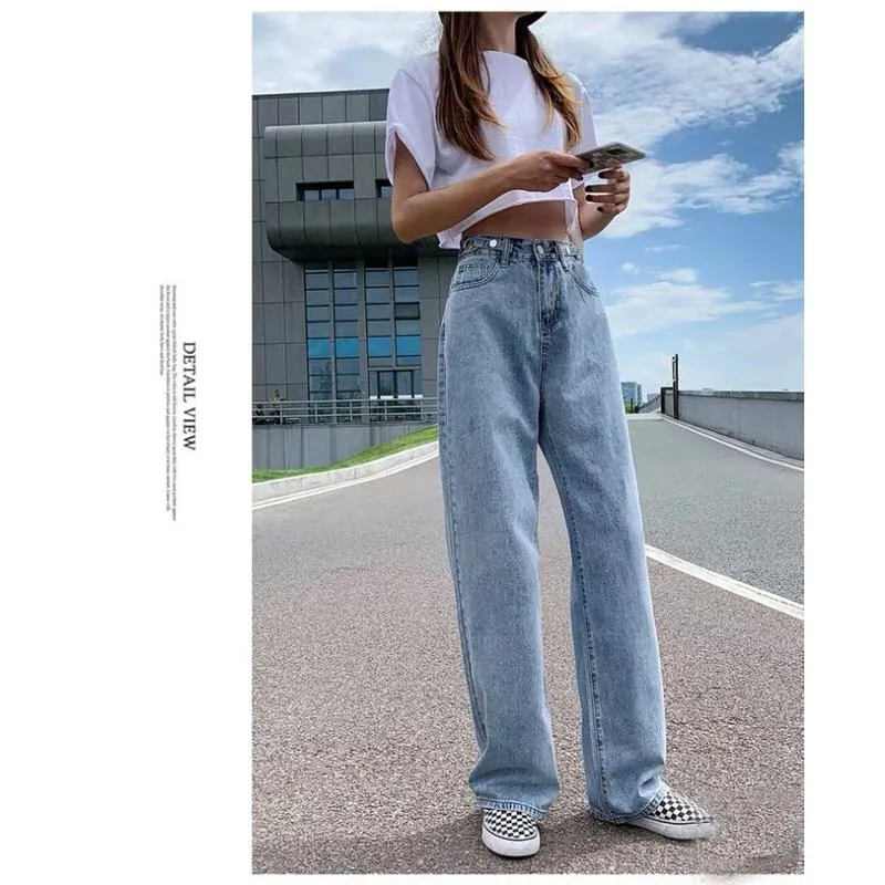 Slimming Thin High-Waisted Floor-Length Loose Fit Draping Straight Wide-Leg Jeans