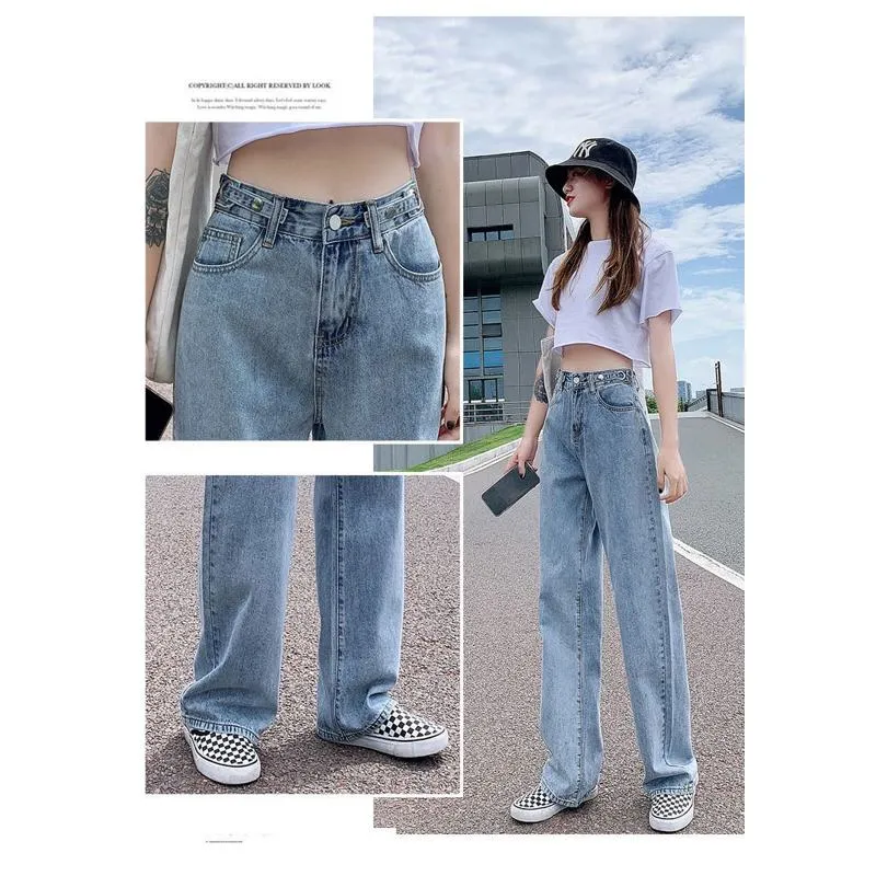 Slimming Thin High-Waisted Floor-Length Loose Fit Draping Straight Wide-Leg Jeans