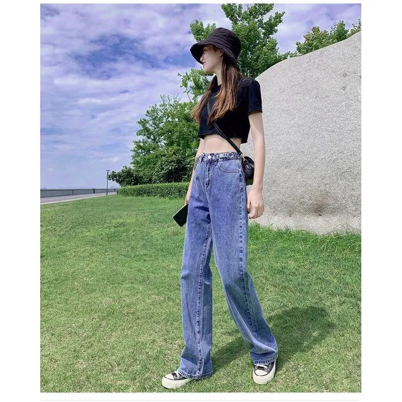 Slimming Thin High-Waisted Floor-Length Loose Fit Draping Straight Wide-Leg Jeans