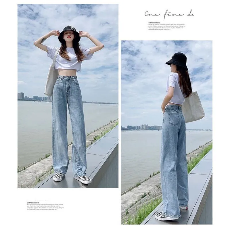 Slimming Thin High-Waisted Floor-Length Loose Fit Draping Straight Wide-Leg Jeans