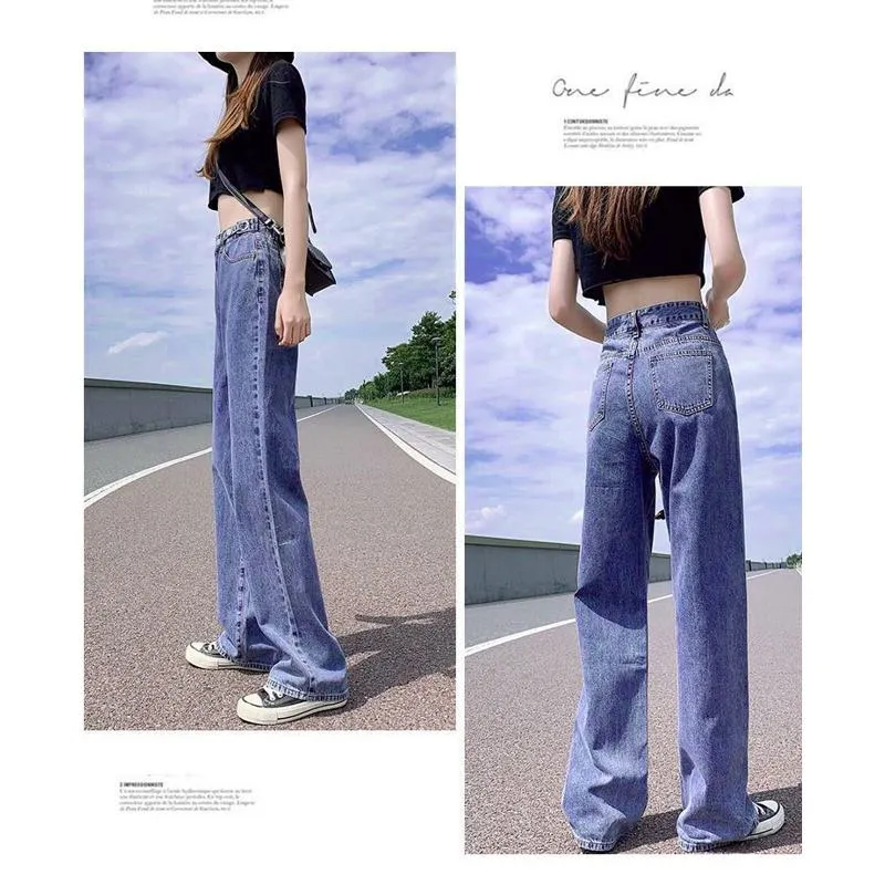 Slimming Thin High-Waisted Floor-Length Loose Fit Draping Straight Wide-Leg Jeans