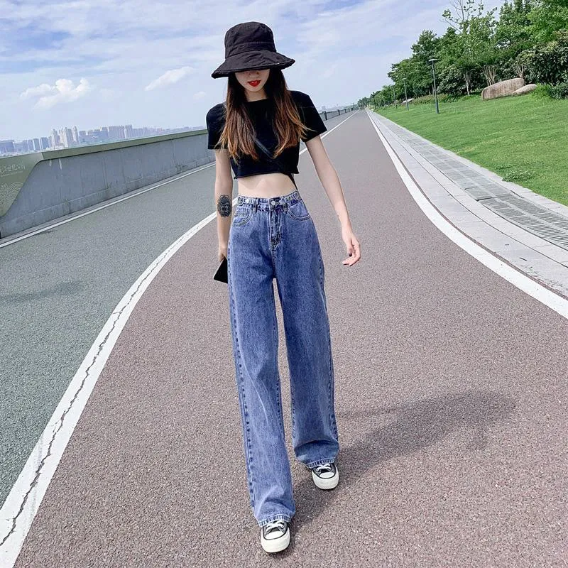 Slimming Thin High-Waisted Floor-Length Loose Fit Draping Straight Wide-Leg Jeans