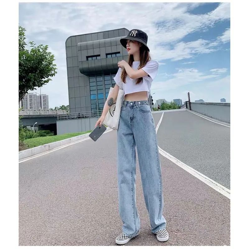 Slimming Thin High-Waisted Floor-Length Loose Fit Draping Straight Wide-Leg Jeans