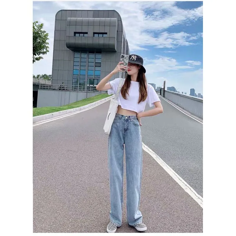 Slimming Thin High-Waisted Floor-Length Loose Fit Draping Straight Wide-Leg Jeans