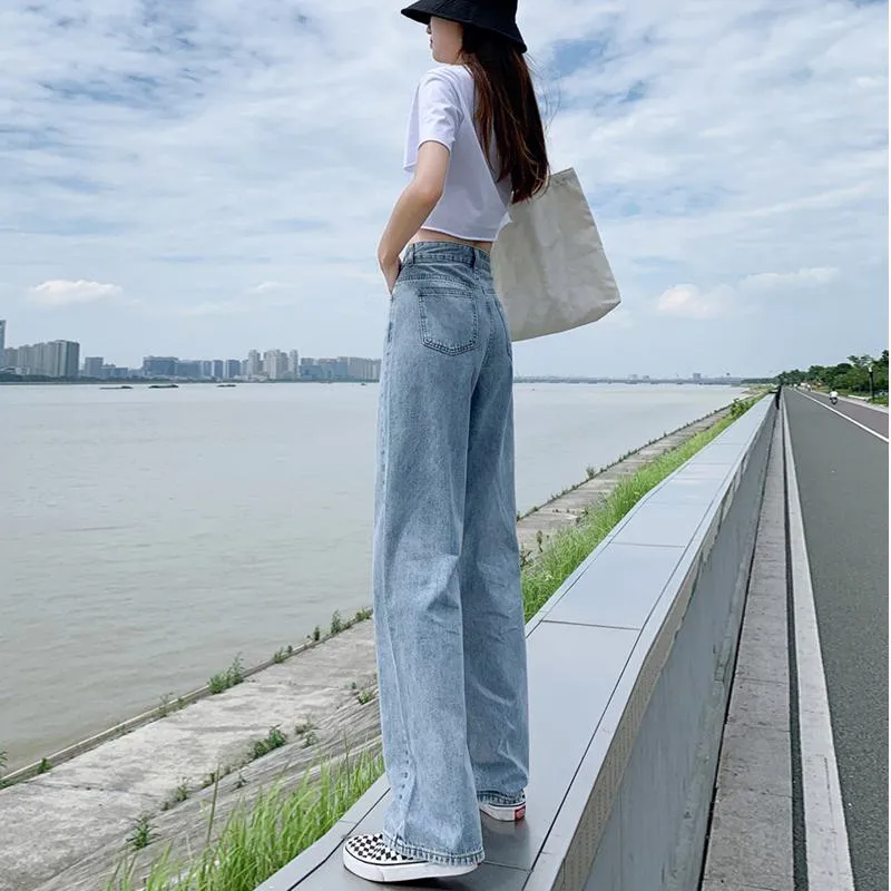 Slimming Thin High-Waisted Floor-Length Loose Fit Draping Straight Wide-Leg Jeans