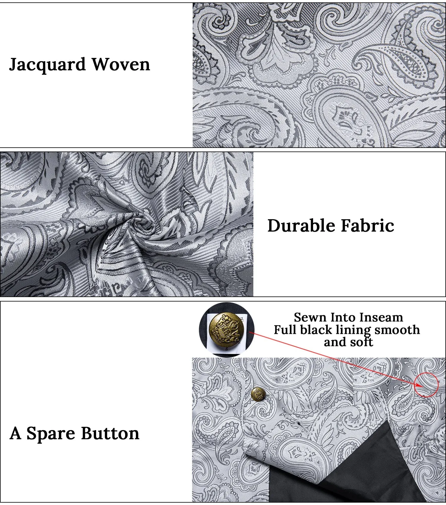 Sliver Grey Paisley Men's Collar Vest Tie Hanky Cufflinks Set Waistcoat Suit Set