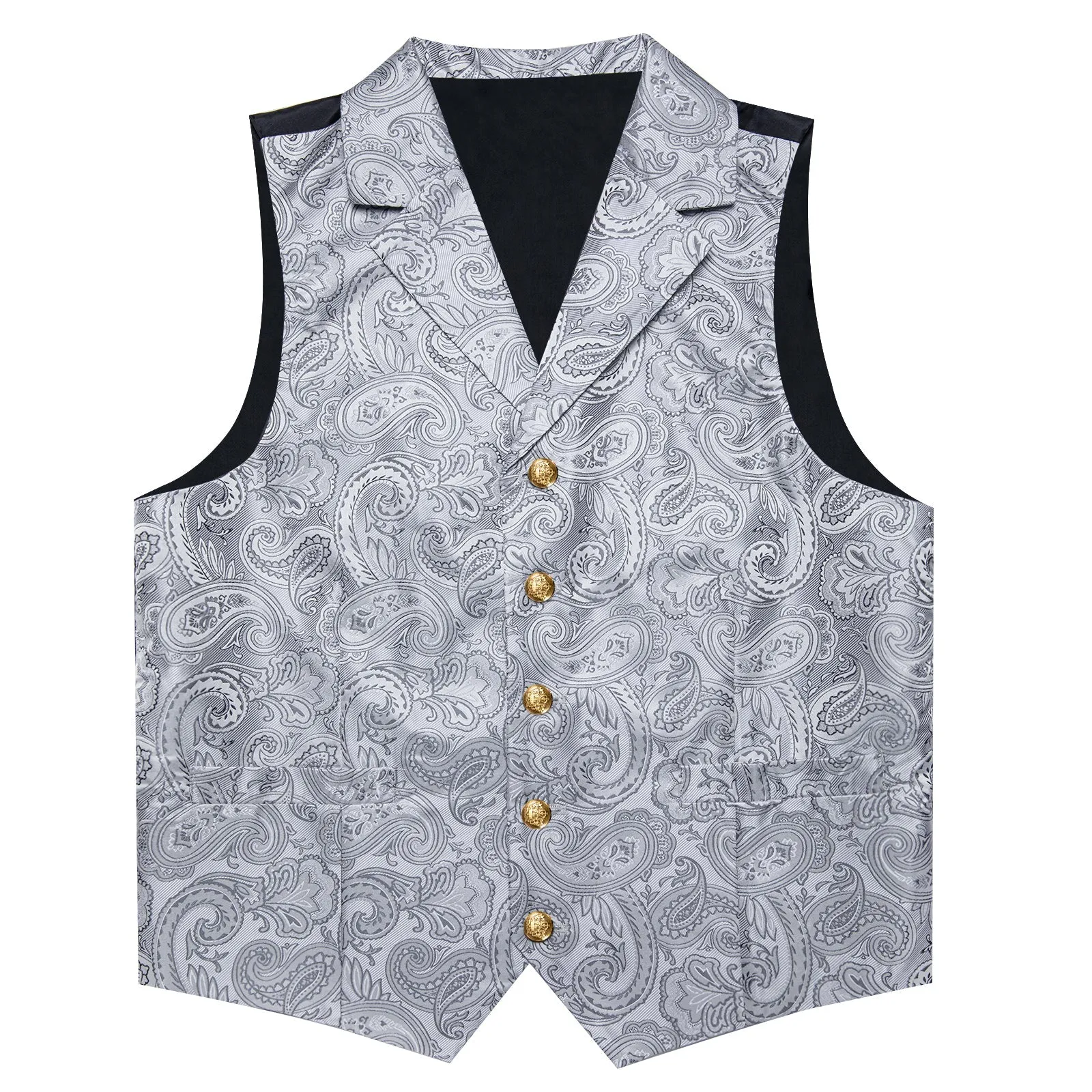 Sliver Grey Paisley Men's Collar Vest Tie Hanky Cufflinks Set Waistcoat Suit Set