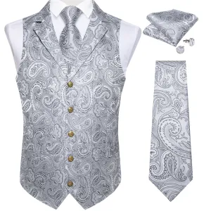 Sliver Grey Paisley Men's Collar Vest Tie Hanky Cufflinks Set Waistcoat Suit Set