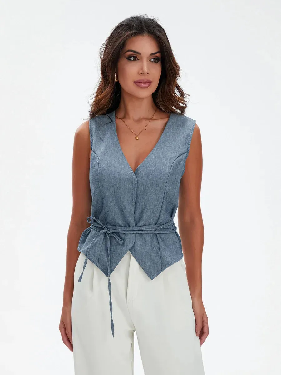 Solid Color Sleeveless V-Neck Tie-Up Vest Slim Fit Button Tank Office Lady Crop Fashion Top