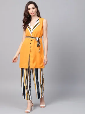 Solid Yellow Jacket & Stripped Palazzo Clothing Set