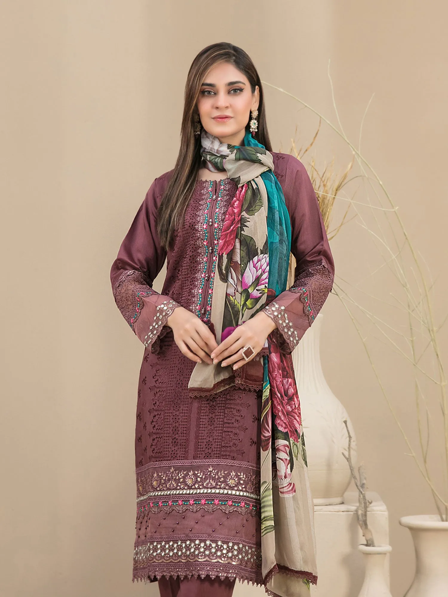 Tawakkal "Feeha" Fancy Embroidered Schiffli Suit (D9651) - Dusky Pink