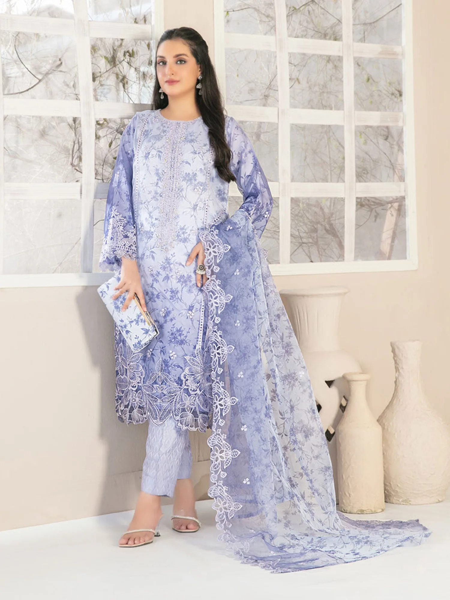 Tawakkal "Jahira" Embroidered Organza Suit (D3361) - Lilac