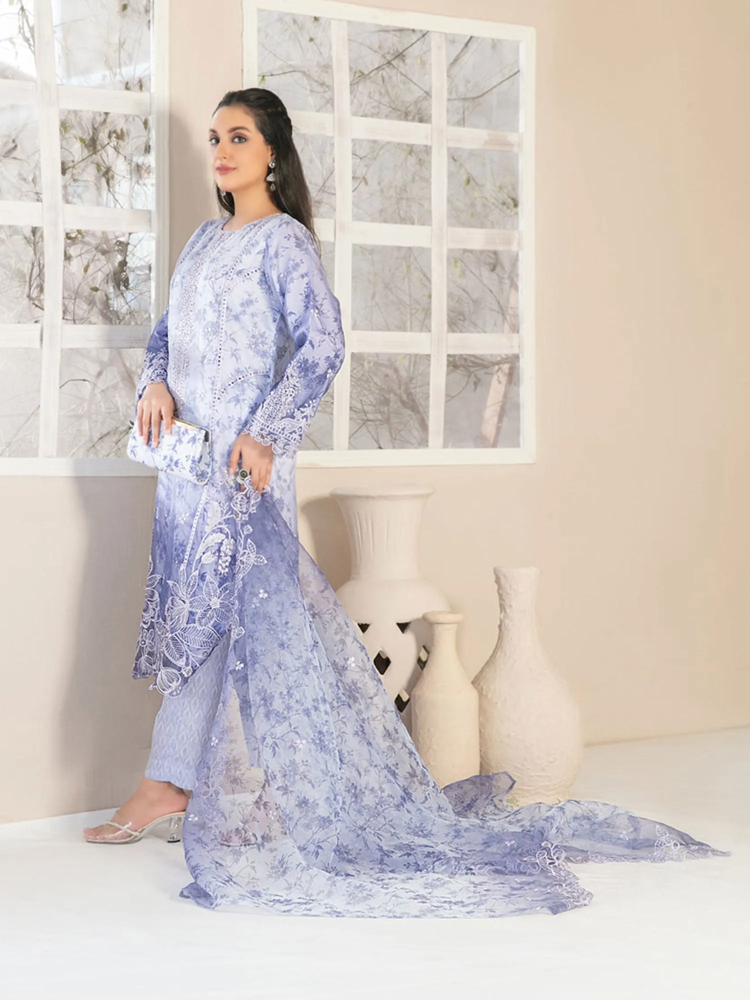 Tawakkal "Jahira" Embroidered Organza Suit (D3361) - Lilac