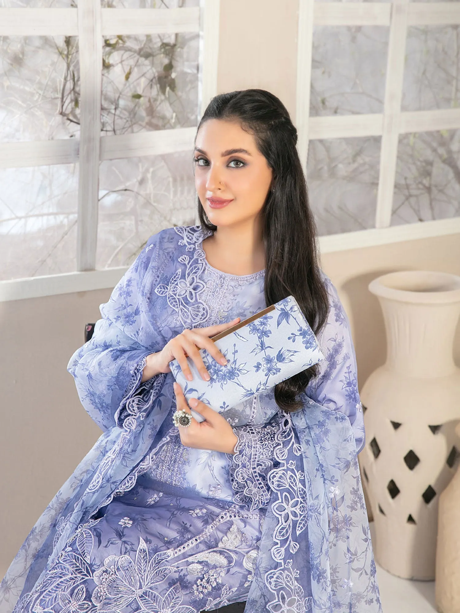 Tawakkal "Jahira" Embroidered Organza Suit (D3361) - Lilac