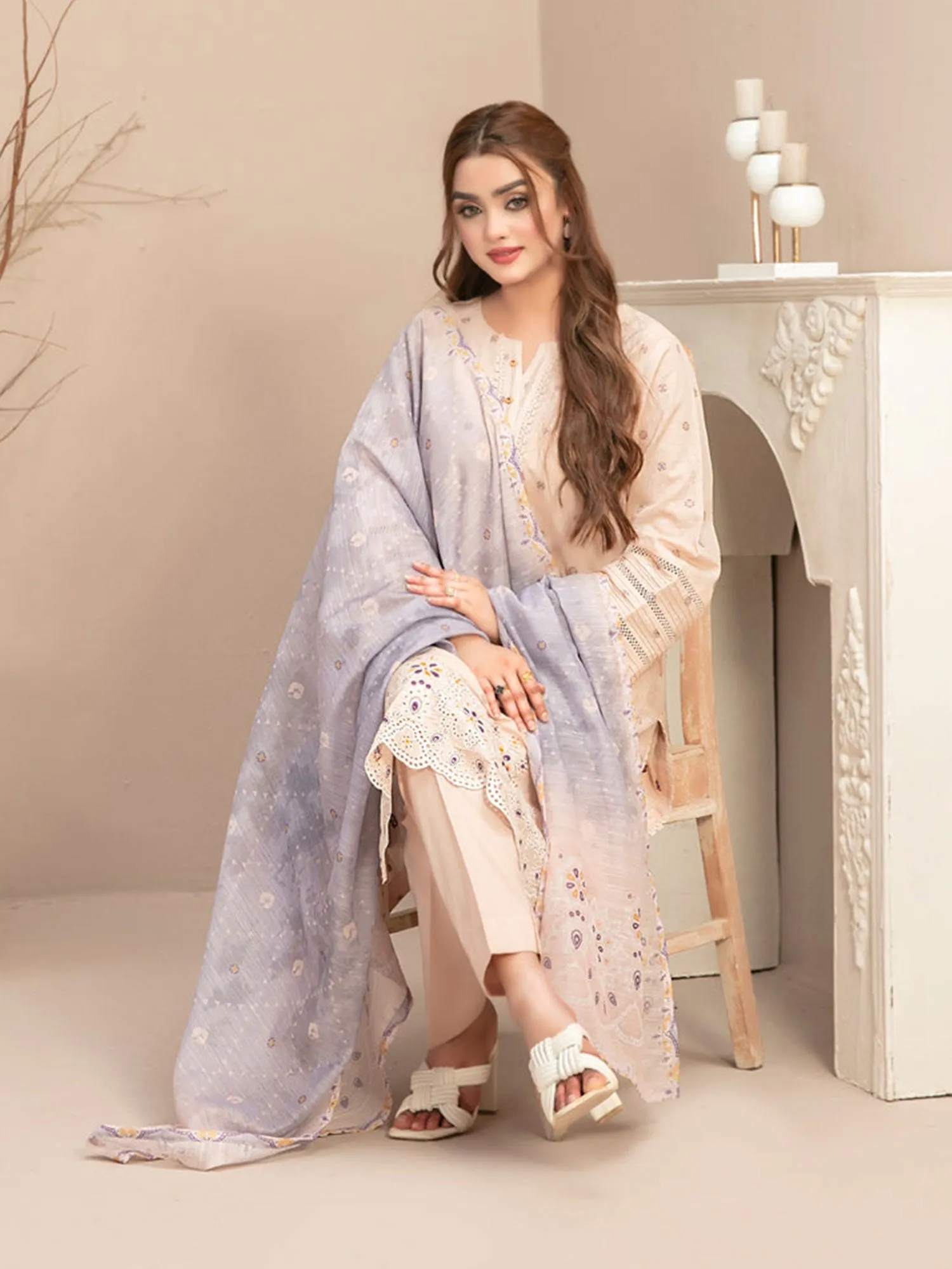 Tawakkal "Mismah" Embroidered Broshia Lawn Suit (D2750) - Creamish-Pink