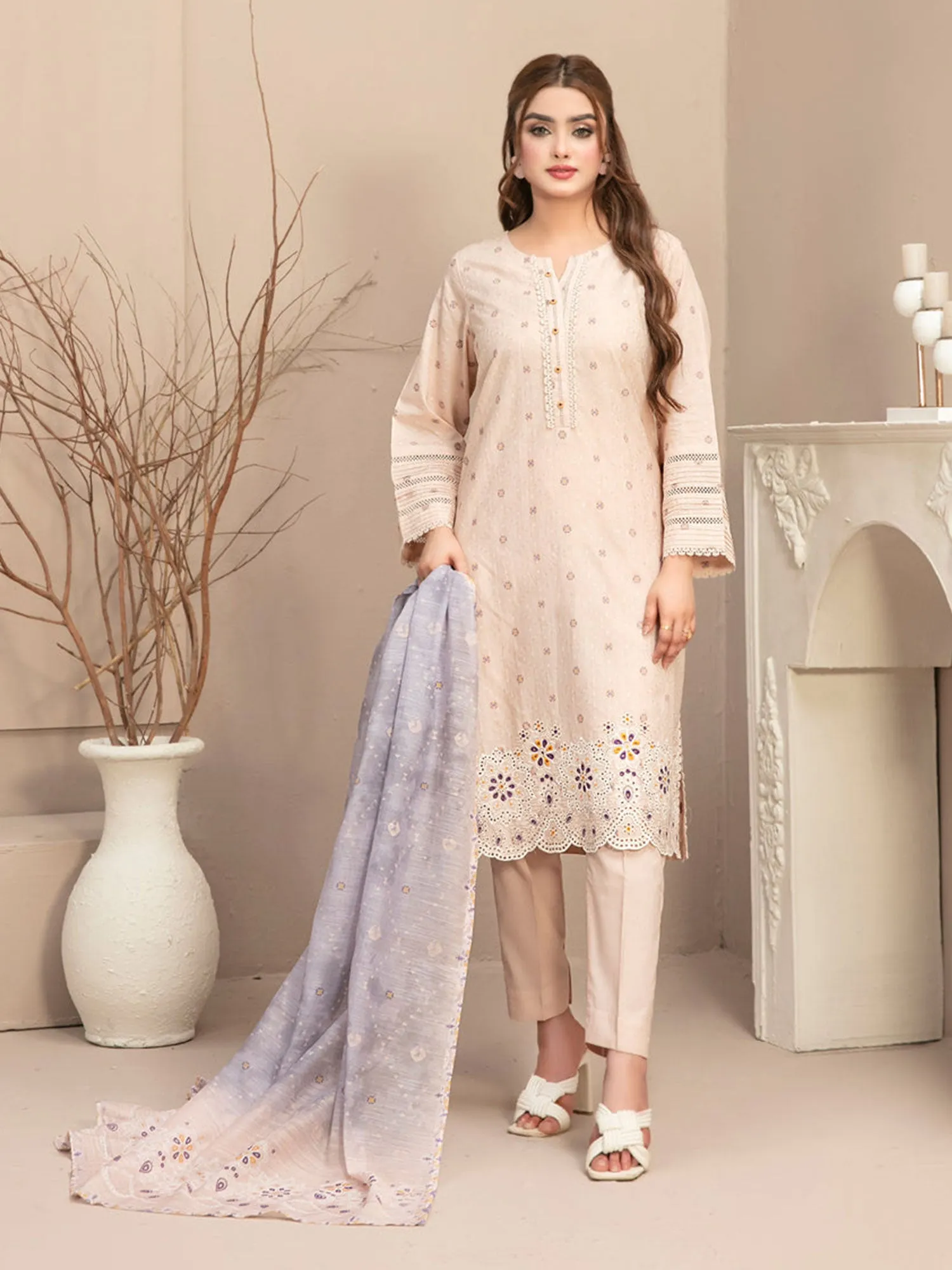 Tawakkal "Mismah" Embroidered Broshia Lawn Suit (D2750) - Creamish-Pink