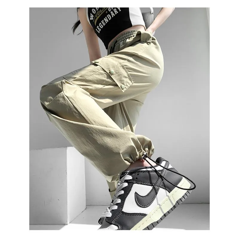 Thin Petite Drawstring Cuffs Straight Casual Loose Fit Quick-Drying Cargo Pants