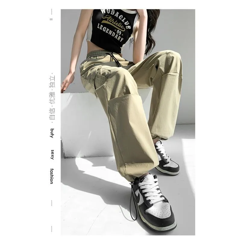 Thin Petite Drawstring Cuffs Straight Casual Loose Fit Quick-Drying Cargo Pants