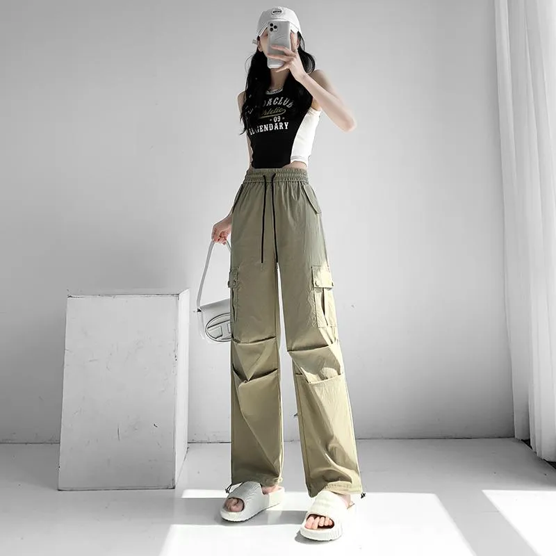 Thin Petite Drawstring Cuffs Straight Casual Loose Fit Quick-Drying Cargo Pants