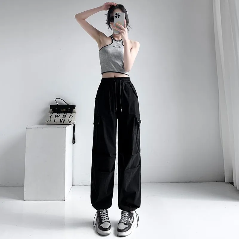 Thin Petite Drawstring Cuffs Straight Casual Loose Fit Quick-Drying Cargo Pants