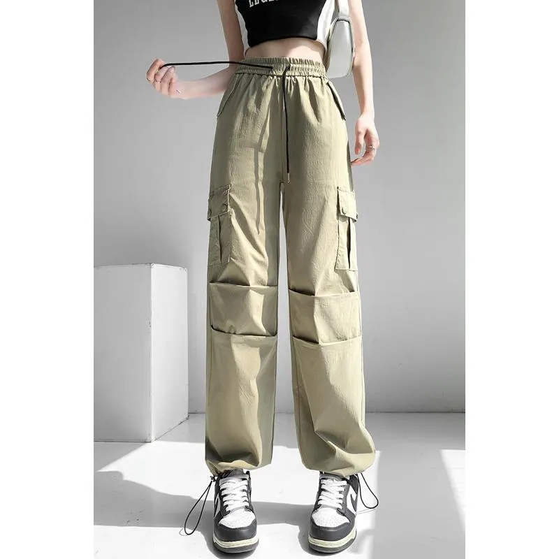 Thin Petite Drawstring Cuffs Straight Casual Loose Fit Quick-Drying Cargo Pants