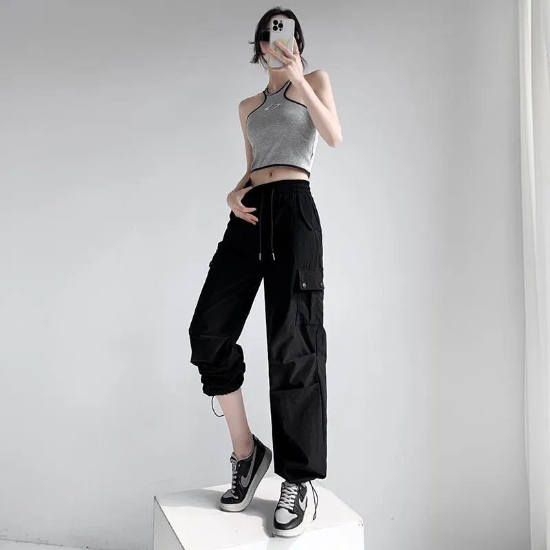 Thin Petite Drawstring Cuffs Straight Casual Loose Fit Quick-Drying Cargo Pants