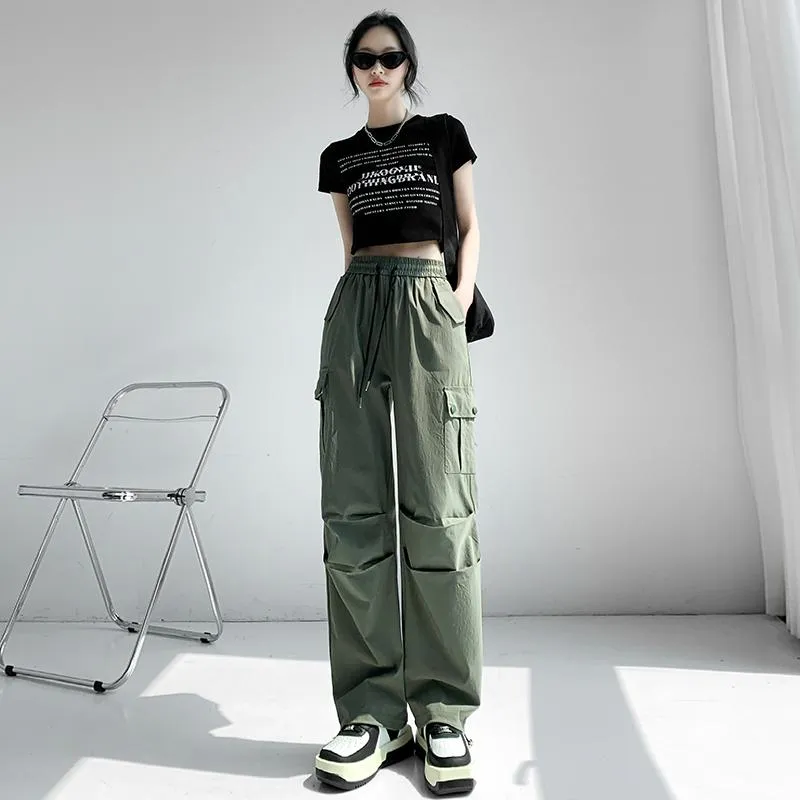 Thin Petite Drawstring Cuffs Straight Casual Loose Fit Quick-Drying Cargo Pants