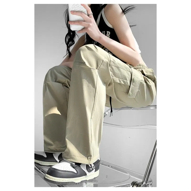 Thin Petite Drawstring Cuffs Straight Casual Loose Fit Quick-Drying Cargo Pants