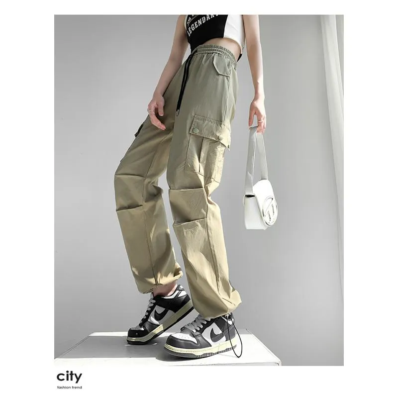 Thin Petite Drawstring Cuffs Straight Casual Loose Fit Quick-Drying Cargo Pants