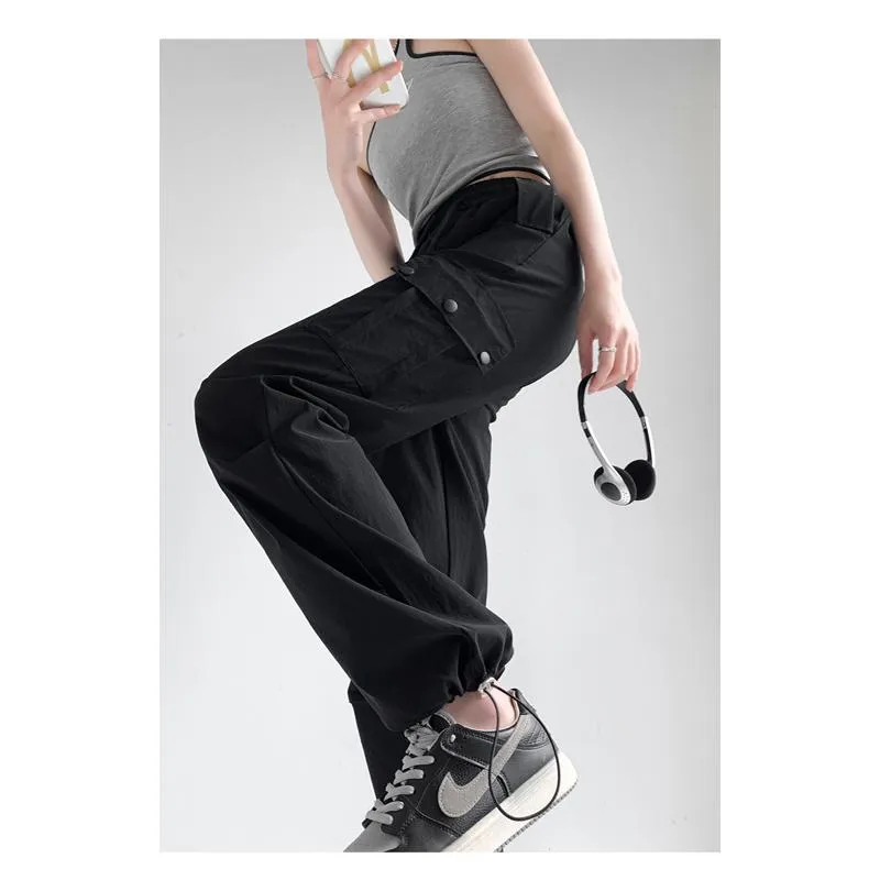 Thin Petite Drawstring Cuffs Straight Casual Loose Fit Quick-Drying Cargo Pants