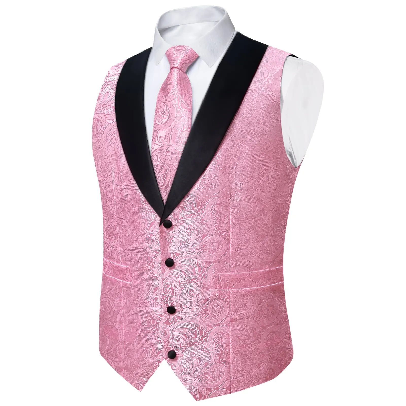 Ties2you Dress Vest Light Pink Floral Shawl Collar Silk Mens Waistcoat Tie Set