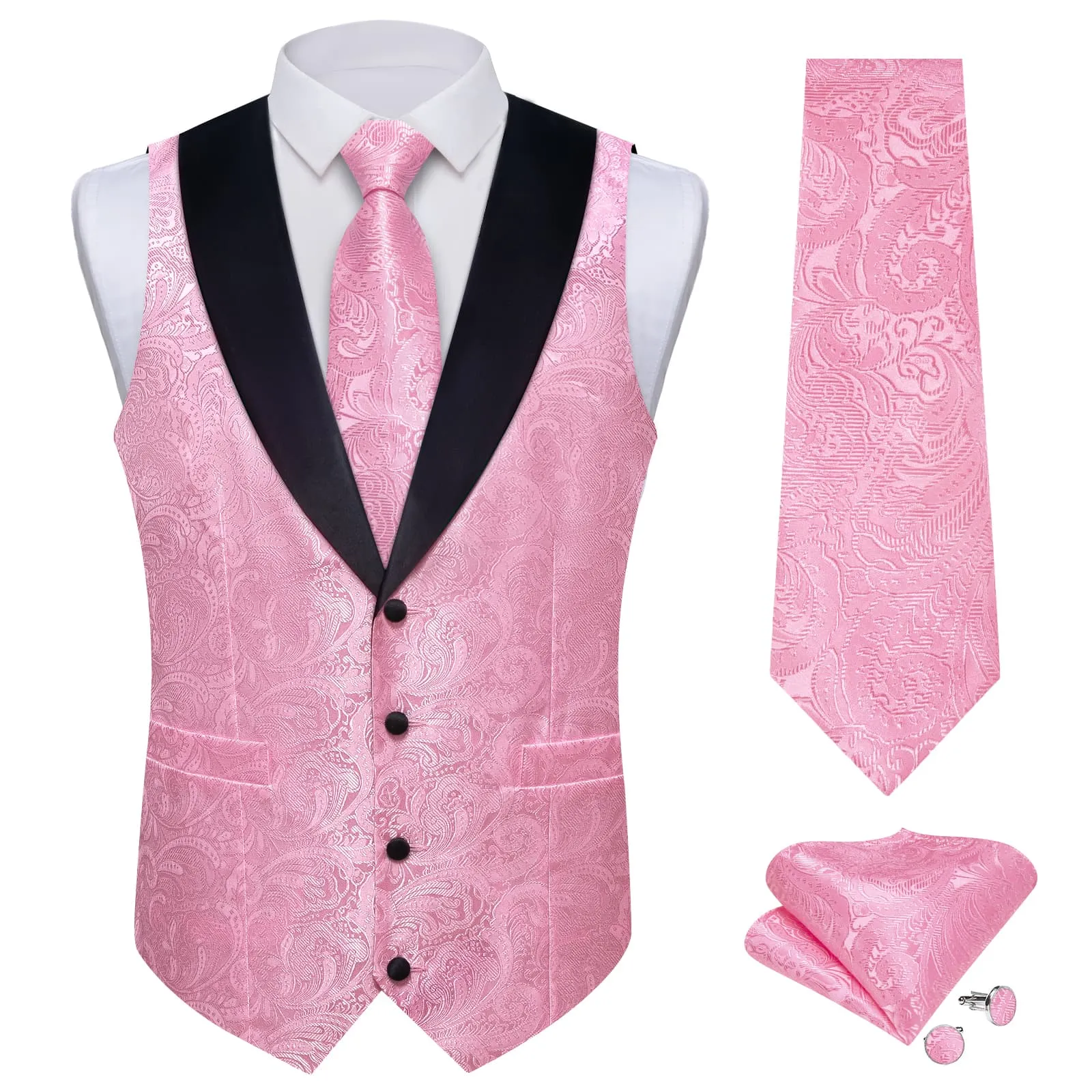 Ties2you Dress Vest Light Pink Floral Shawl Collar Silk Mens Waistcoat Tie Set