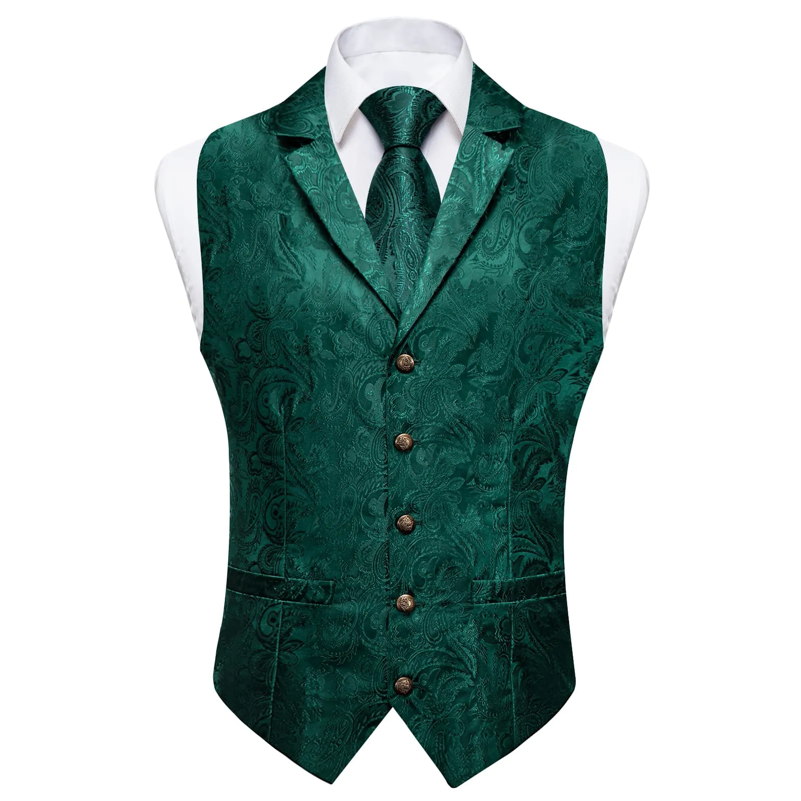 Ties2you Dress Vest Teal Green Paisley Notched Collar Silk Mens Waistcoat Tie Set