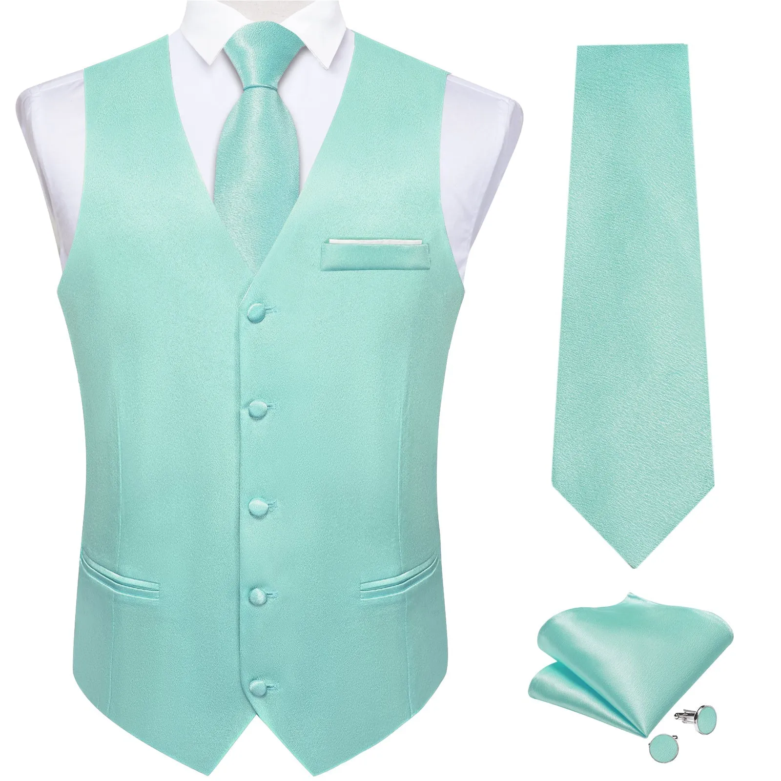 Ties2you Green Vest Solid Mint Green Shining Silk Formal Men's V-Neck Vest Hanky Cufflinks Tie Set