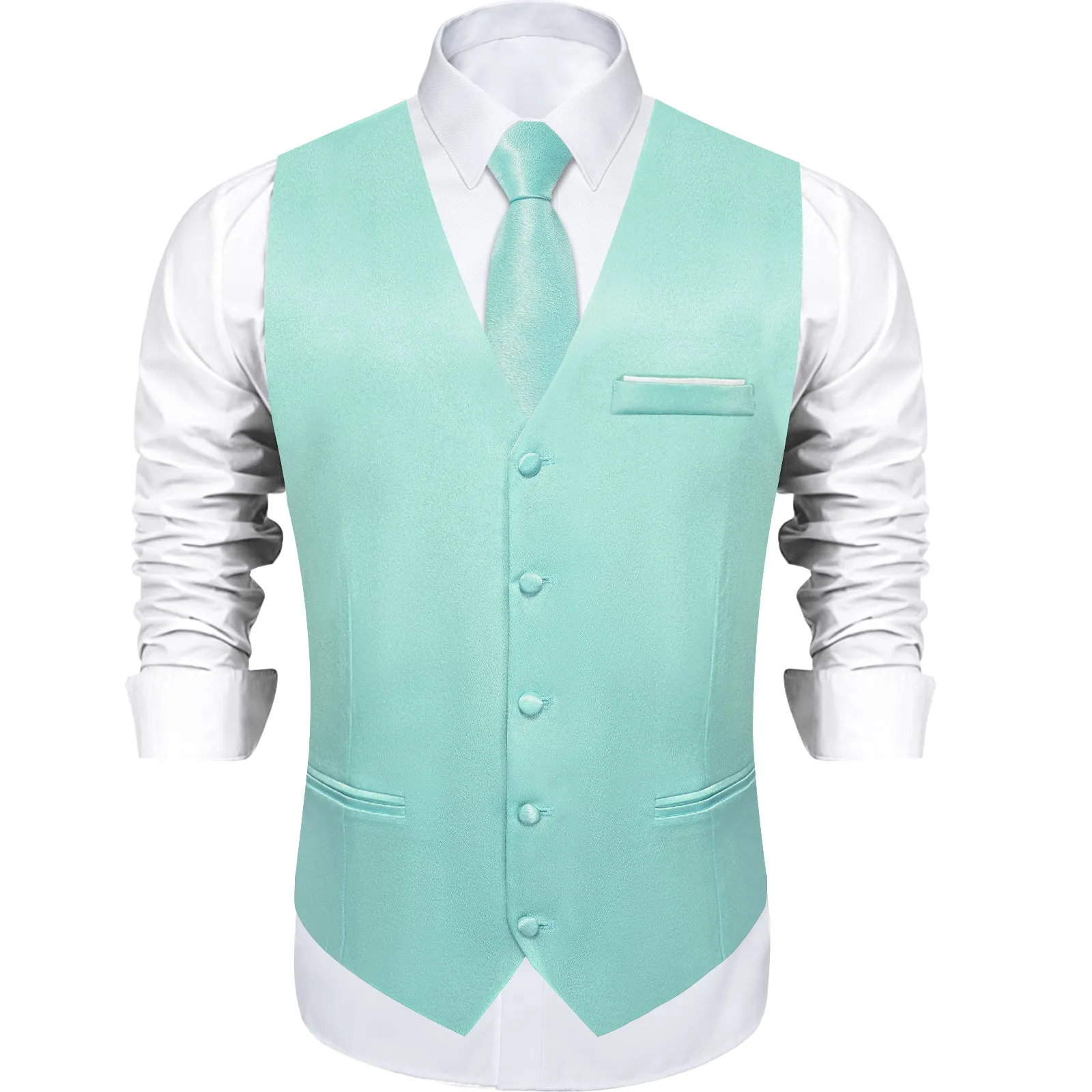 Ties2you Green Vest Solid Mint Green Shining Silk Formal Men's V-Neck Vest Hanky Cufflinks Tie Set