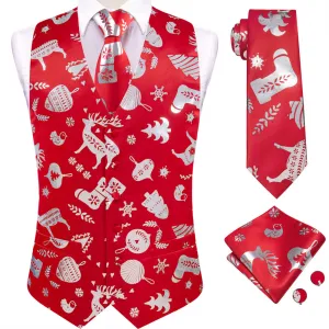 Ties2you Mens Silk Waistcoat Red Silver Christmas Elements Vest Necktie Set