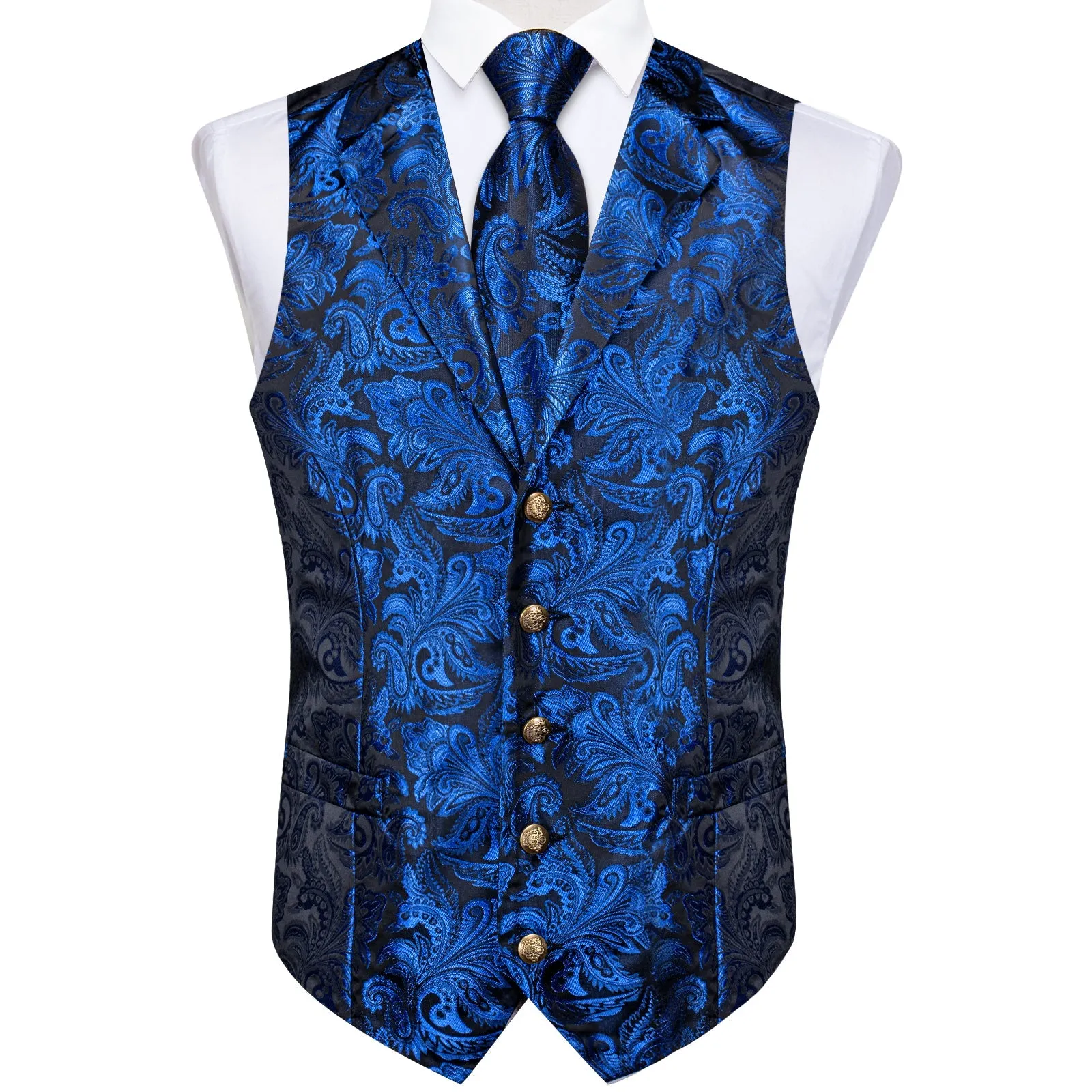 Ties2you Men's Suit Vest Royal Blue Paisley Notched Collar Vest Tie Hanky Cufflinks Set Waistcoat Set