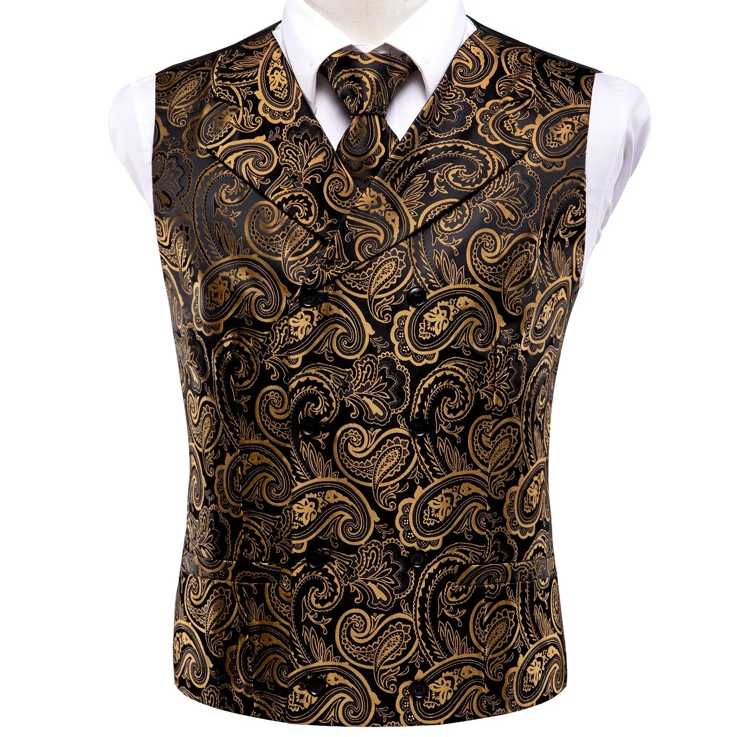 Ties2you Men's Vest Black Gold Paisley Vest Pocket Square Cufflinks Tie Set